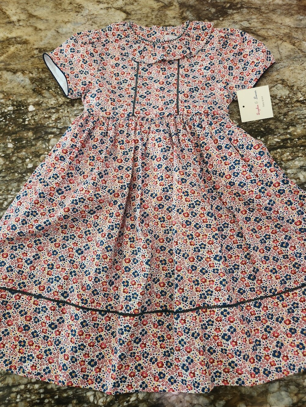 Girls' Floral Cotton Dress with Navy Trim by